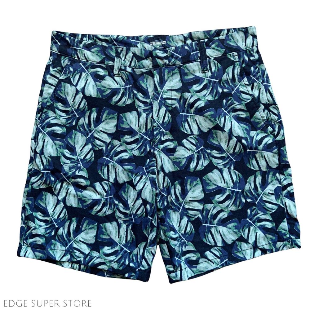 Goodthreads Blue Green Palm Print 7” Inseam Stretch Belted Hybrid Shorts Size 28